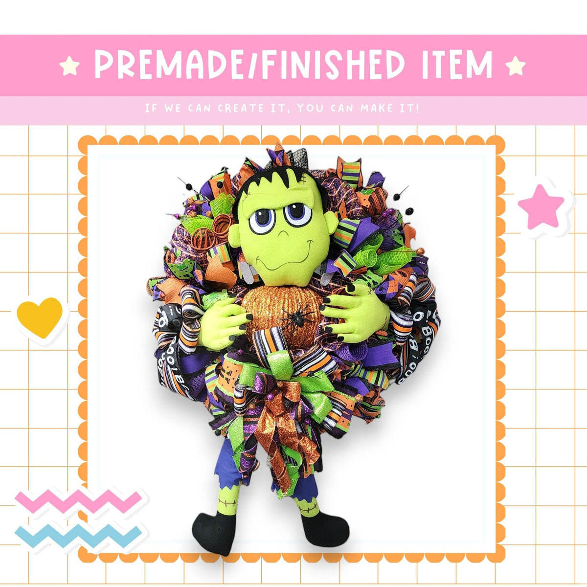 a Halloween-themed wreath with a green monster-like character holding a pumpkin. The wreath is surrounded by a decorative border and is set against a white background with a grid pattern.