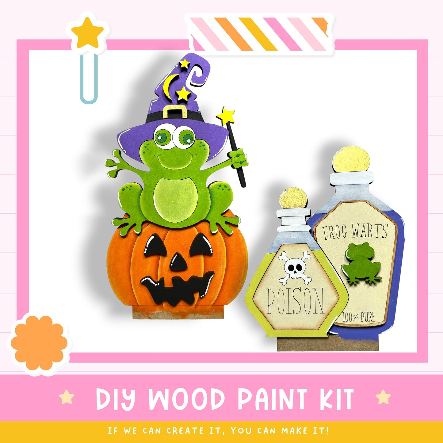 a DIY wood paint kit with a Halloween theme, including a green frog sitting on a carved pumpkin and two bottles labeled "Frog Warts" and "POISON".