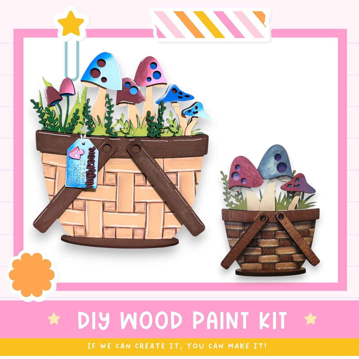 The image is a DIY wood paint kit featuring two baskets filled with mushrooms and plants, along with a star and a label. The text below the image encourages viewers to create their own artwork using the kit.