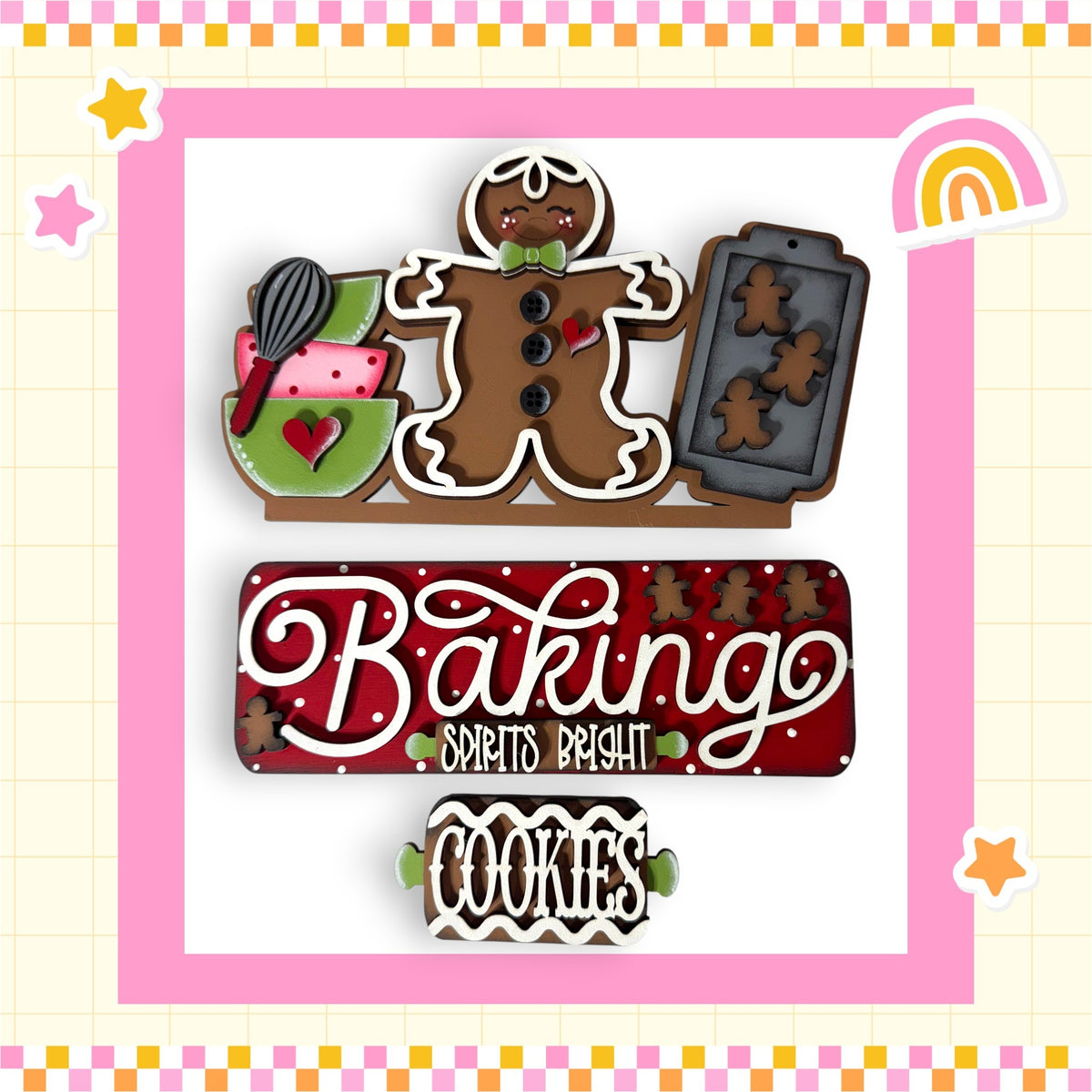 a variety of baked goods, including gingerbread cookies, a gingerbread man, and a sign that says "Baking" and "Cookies".