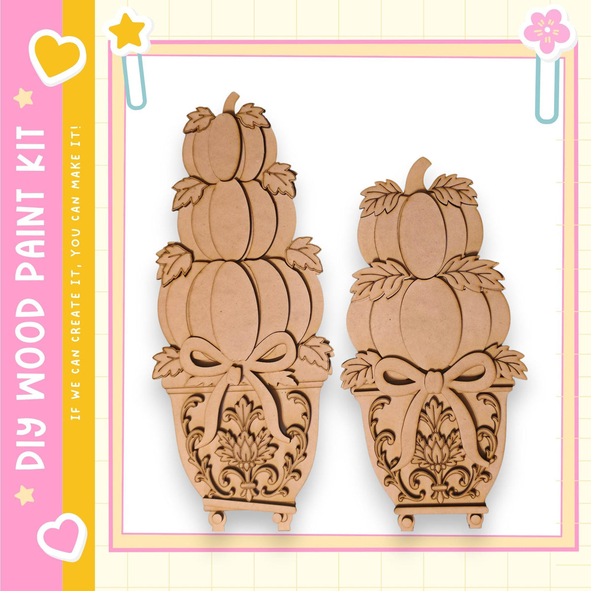 two wooden pumpkin planters with decorative bows, set against a pink and yellow background.