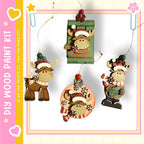a collection of four wooden ornaments, each with a unique design and color, hanging on a white background.