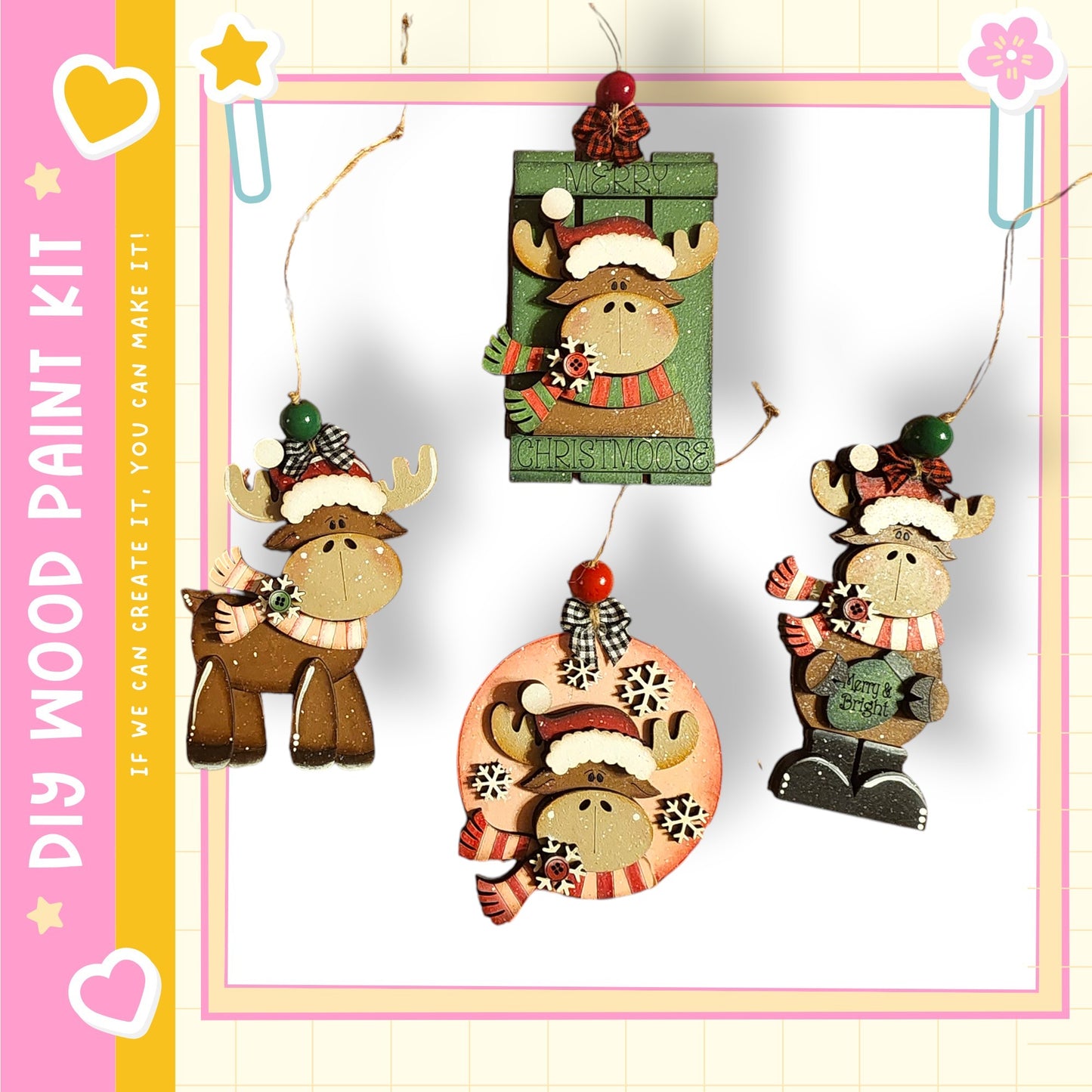 a collection of four wooden ornaments, each with a unique design and color, hanging on a white background.