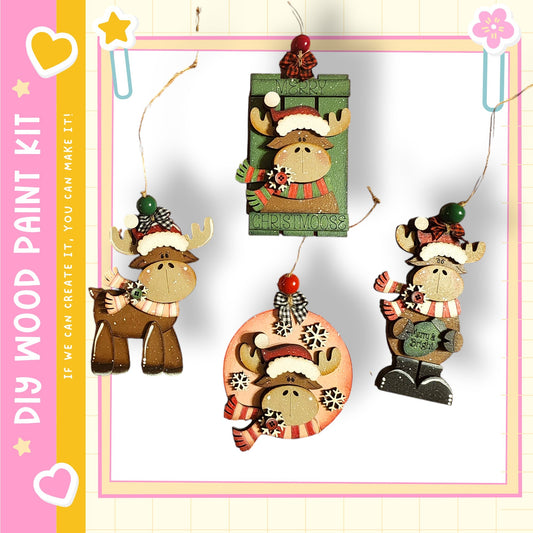 a collection of four wooden ornaments, each with a unique design and color, hanging on a white background.