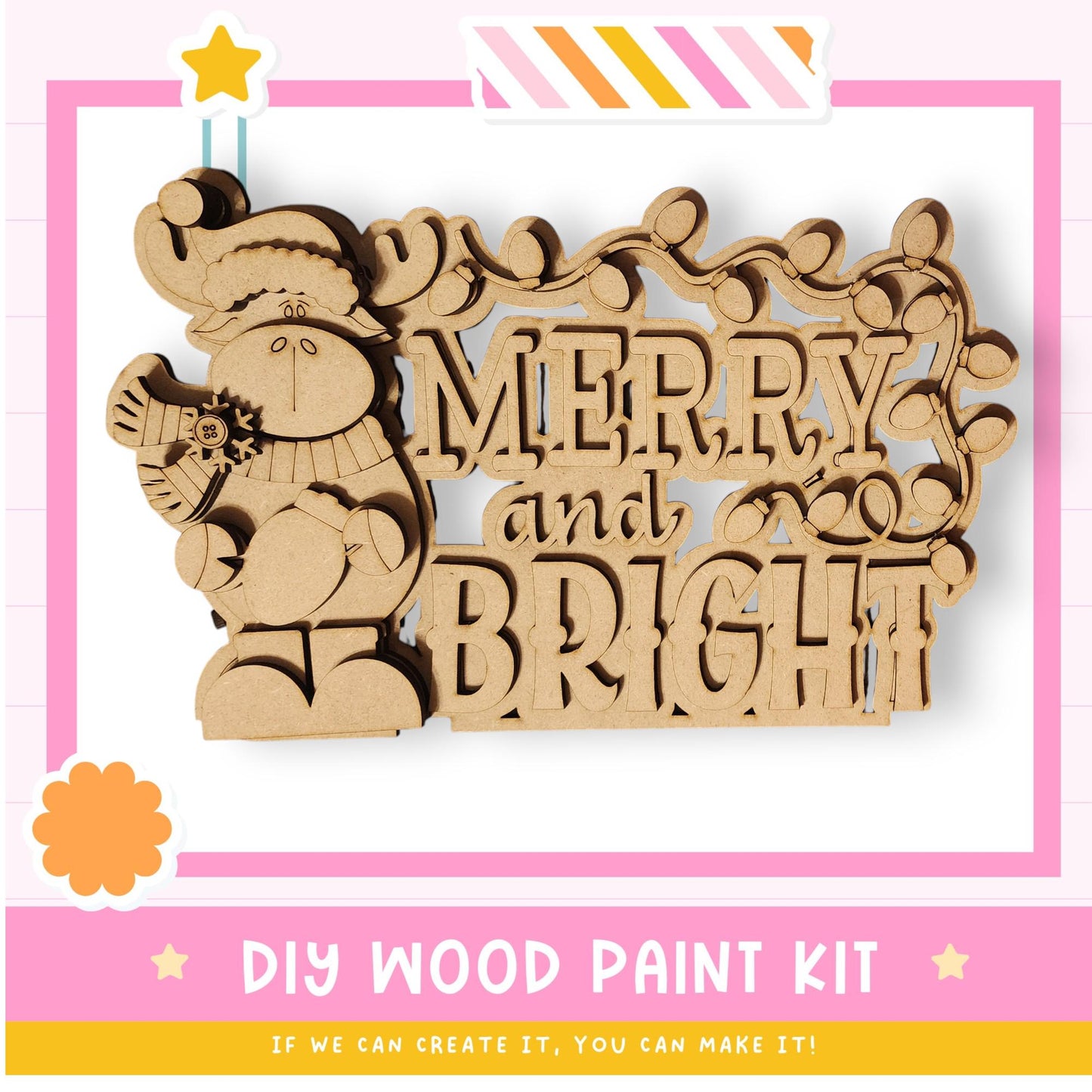 The image is a promotional poster for a DIY wood paint kit, featuring a wooden snowman and the text "MERRY and BRIGHT" in a decorative font.