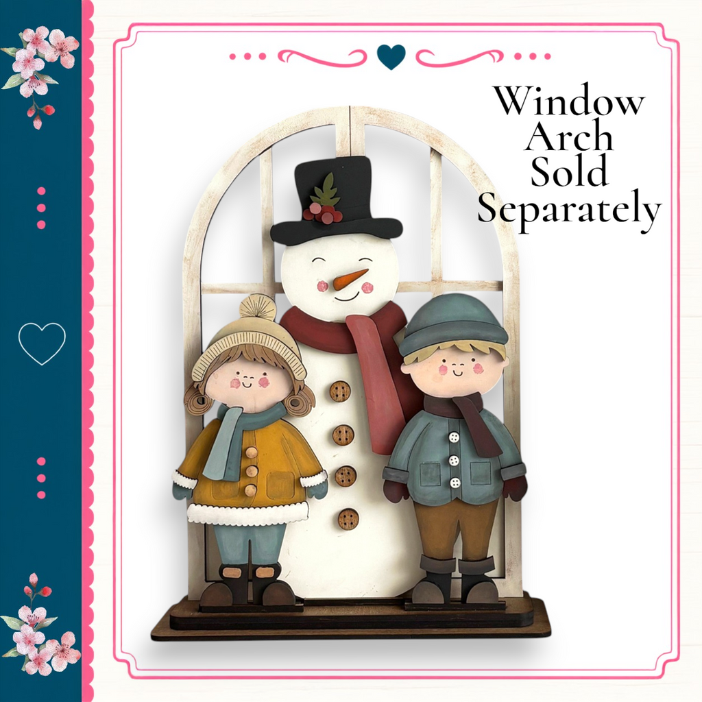 A snowman and two children standing in front of a window, with a heart-shaped design on the left side of the image.