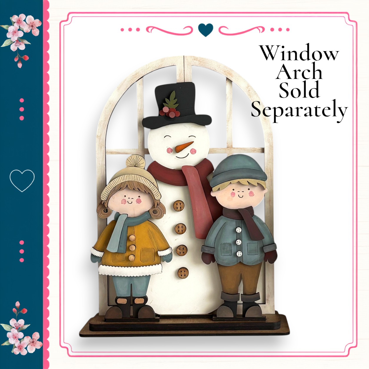A snowman and two children standing in front of a window, with a heart-shaped design on the left side of the image.
