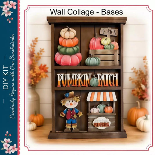 a wooden display case with various fall decorations, including pumpkins, a scarecrow, and other seasonal items. The display case has a rustic, homemade appearance, and the pumpkins are arranged in a visually appealing manner.