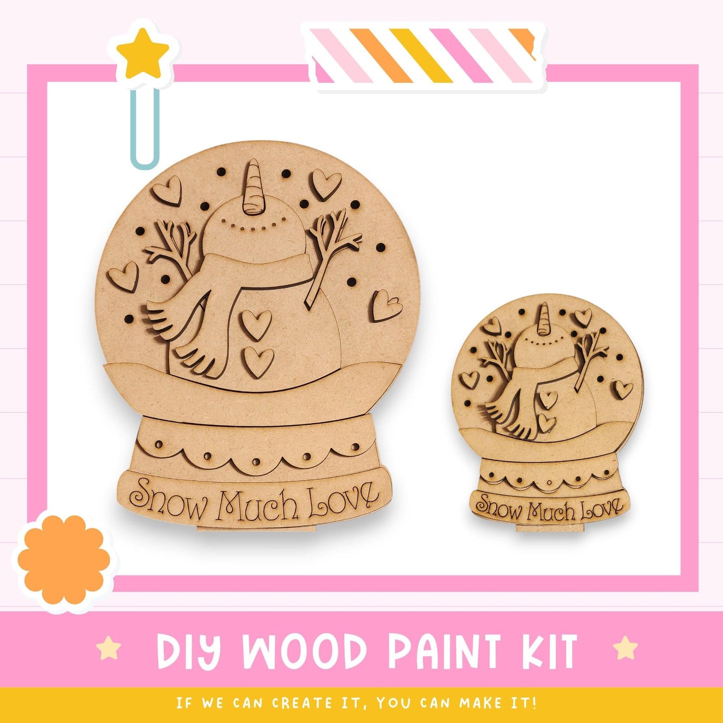 a DIY wood paint kit for creating wooden snow globes. The kit includes a snow globe and instructions for painting it.