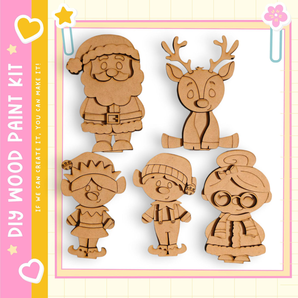 five wooden cutouts of characters, including Santa Claus, a reindeer, an elf, a gnome, and a woman, all made of wood and displayed against a white background.