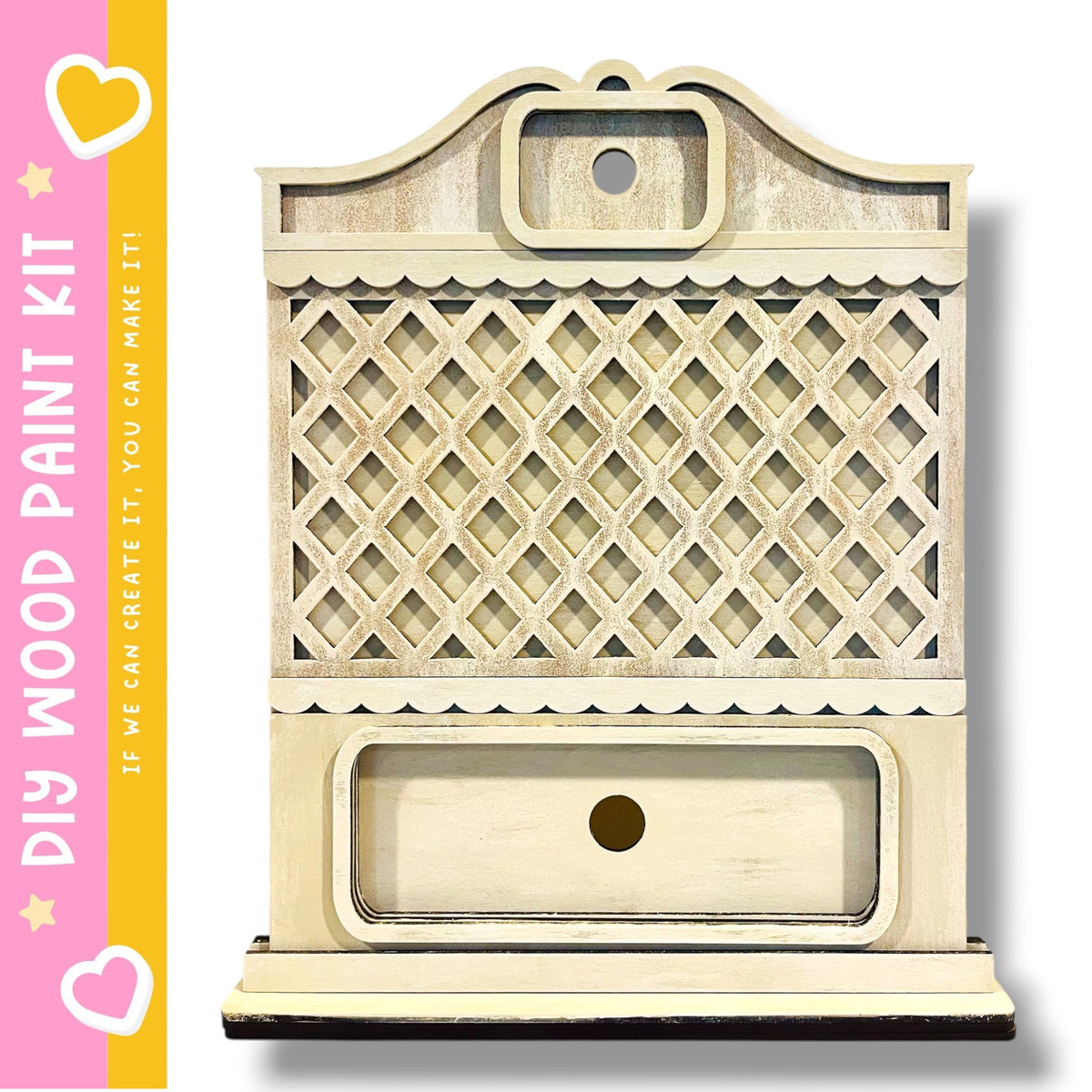 a wooden cabinet with a decorative lattice design on the front.