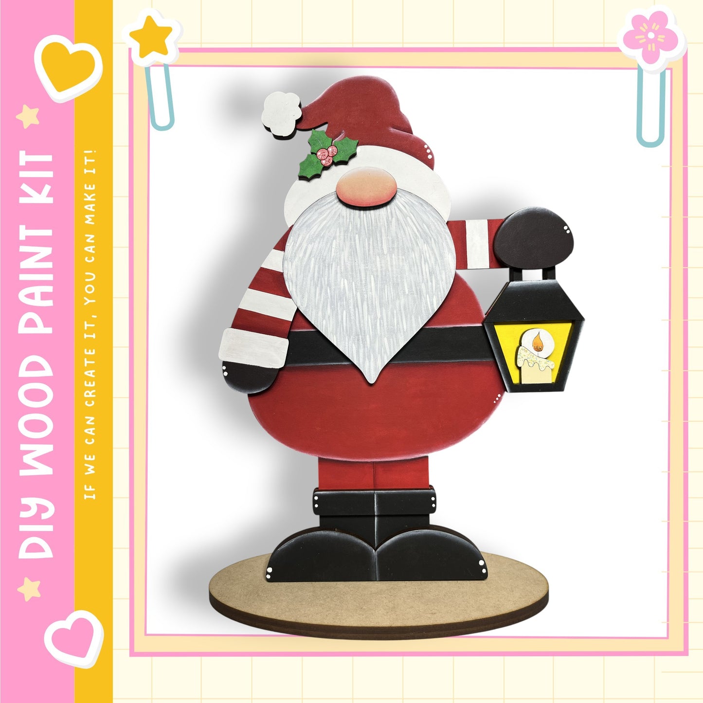 A wooden Santa Claus figurine holding a lantern, standing on a wooden base.