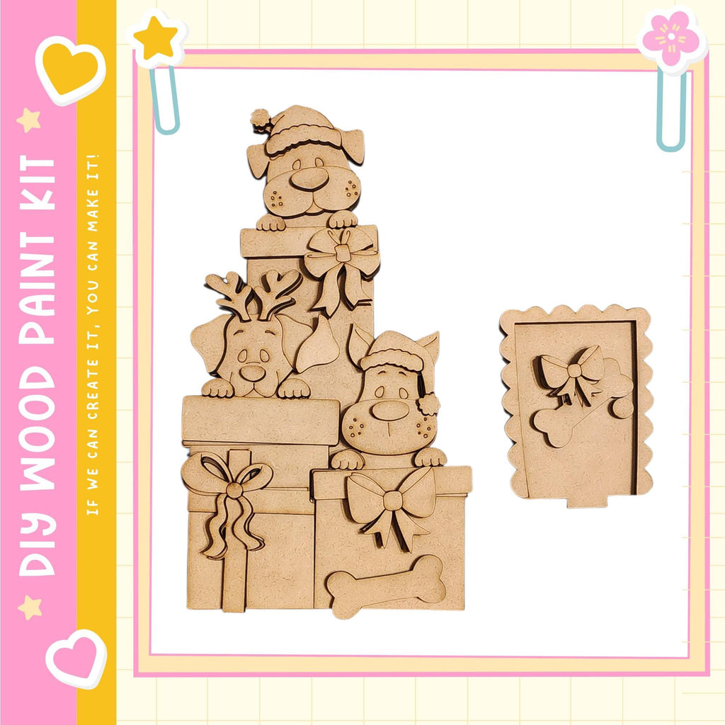 A wooden paint kit featuring a playful scene of dogs wearing hats and holding presents, with a pink and yellow border.