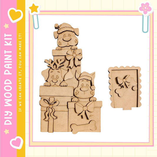 A wooden paint kit featuring a playful scene of dogs wearing hats and holding presents, with a pink and yellow border.