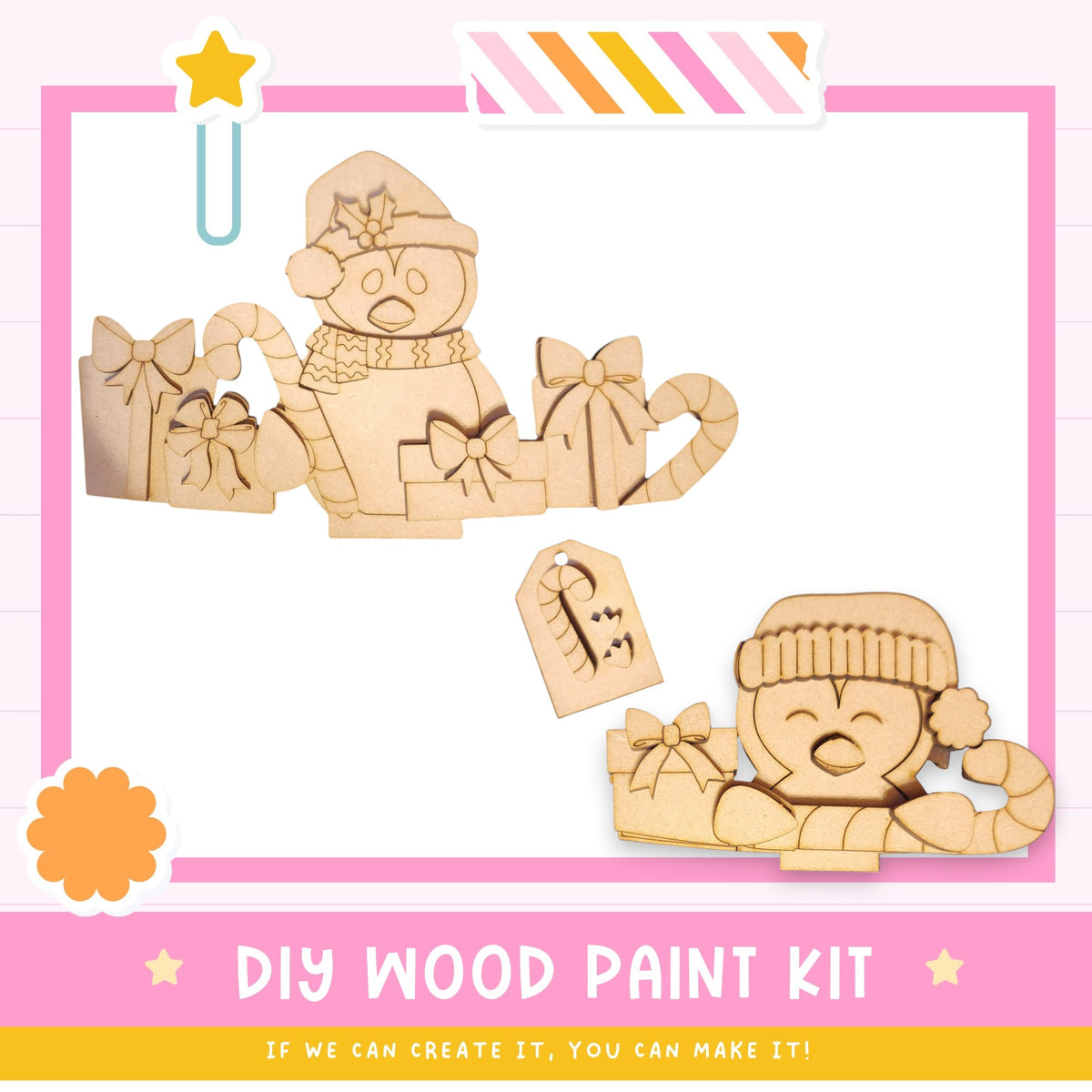 The image is a DIY wood paint kit advertisement, featuring two wooden figures, one of which is a snowman, and the other a penguin, along with various decorative elements such as bows and a star. The text encourages viewers to create their own wooden designs using the kit, emphasizing the creative aspect of the project.