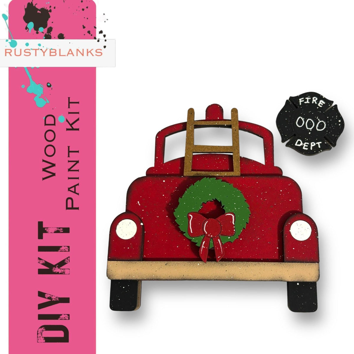 a red wooden toy car with a wreath on it