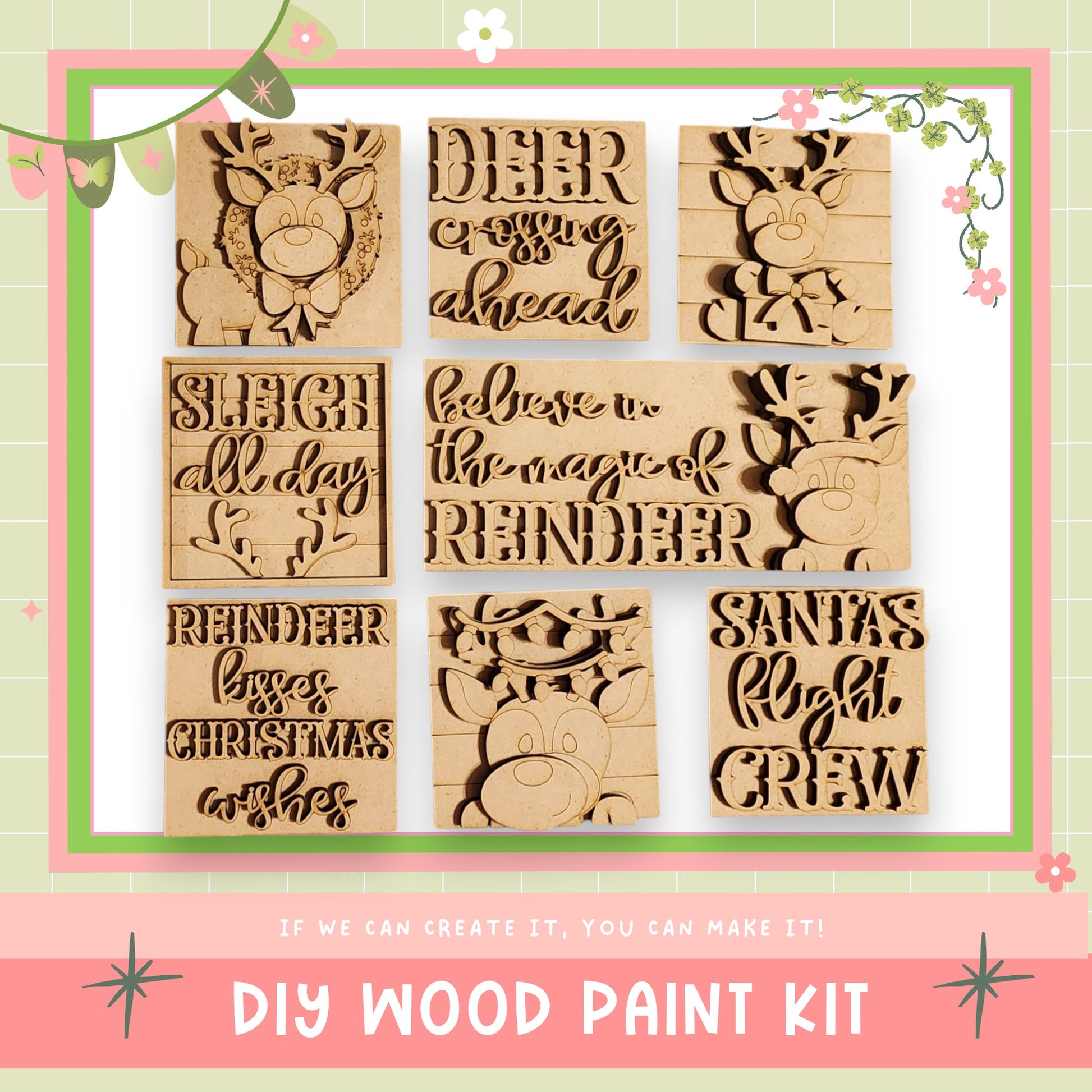 The image is a collage of nine wooden cutouts featuring various Christmas-themed phrases and designs, including reindeer, Santa's flight crew, and sleighs.