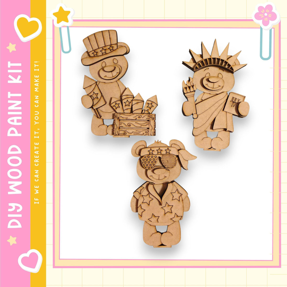 three wooden cutouts of bears, each with different outfits and accessories, displayed against a pink and yellow background.