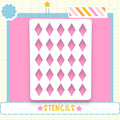 a white stencil with a diamond pattern on a pink background, surrounded by various decorative elements such as a star, a flower, and a striped border.