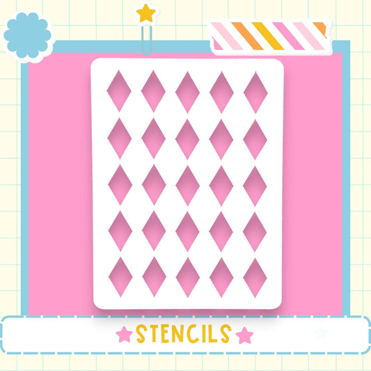 a white stencil with a diamond pattern on a pink background, surrounded by various decorative elements such as a star, a flower, and a striped border.