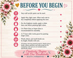 The image is a guide or instructions for creativity, with a floral border and a heart symbol. It provides guidelines for using craft acrylic paint, such as applying thin, light coats and using a white base coat before painting light colors. The image also mentions the use of CA Thick Glue or Super Glue for assembling projects, and a 2-foam roller for painting larger areas. The text emphasizes the importance of handling all photos with care, and the beginning of creativity with One Brushstroke.