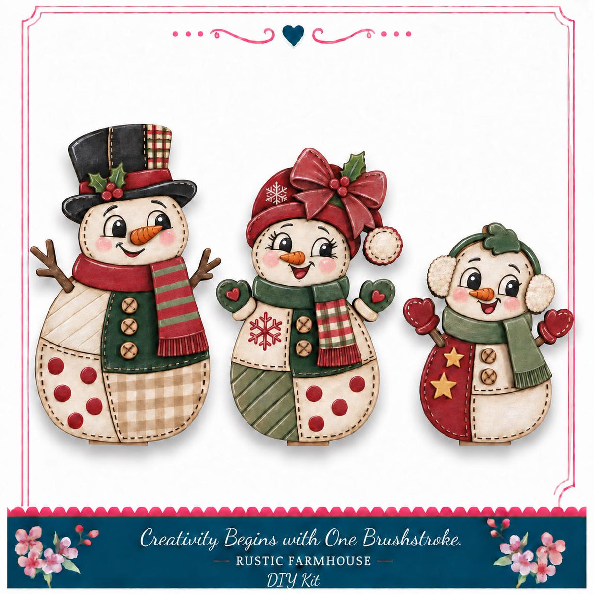 A collage of three snowman figures, each with unique clothing and accessories, set against a white background.