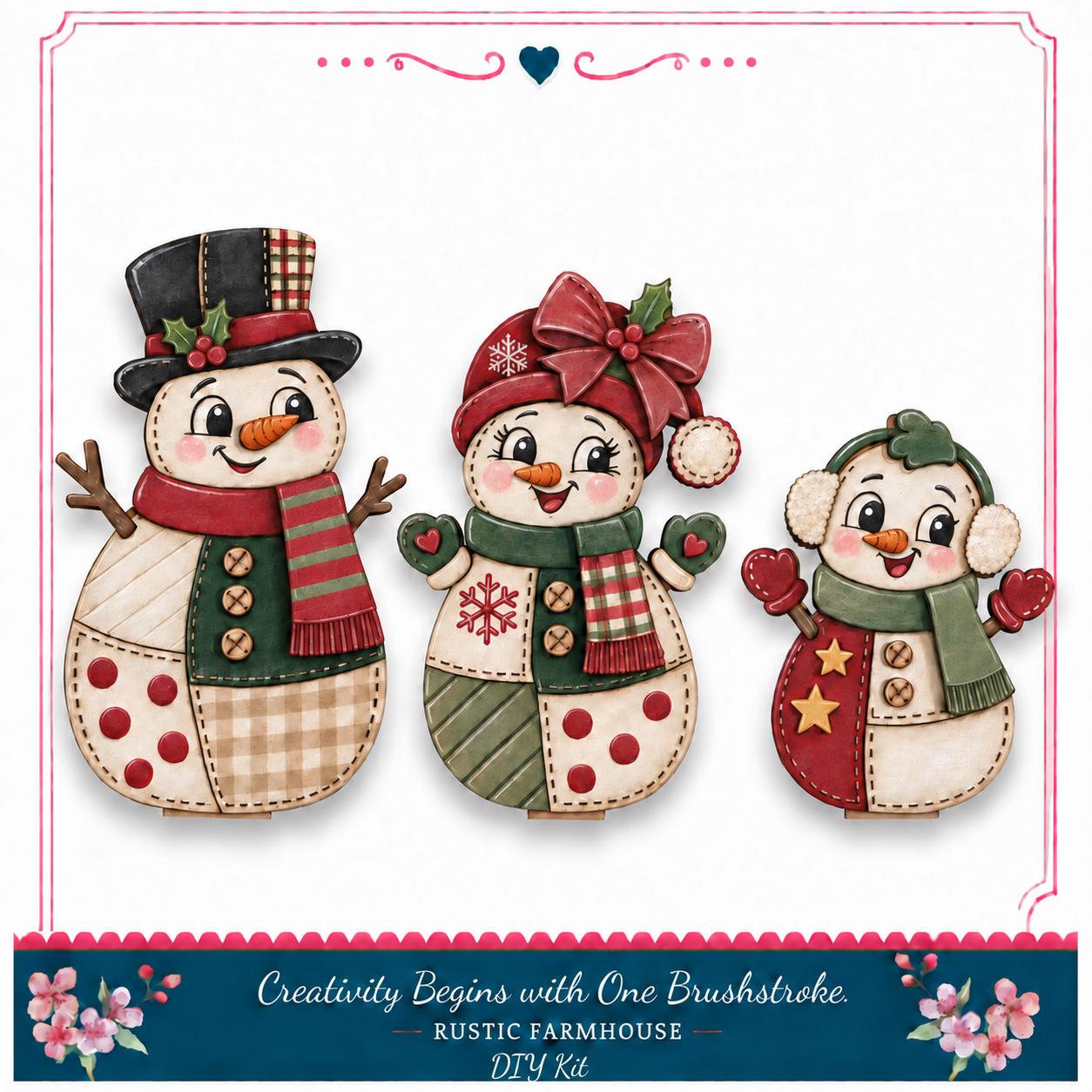 A collage of three snowman figures, each with unique clothing and accessories, set against a white background.