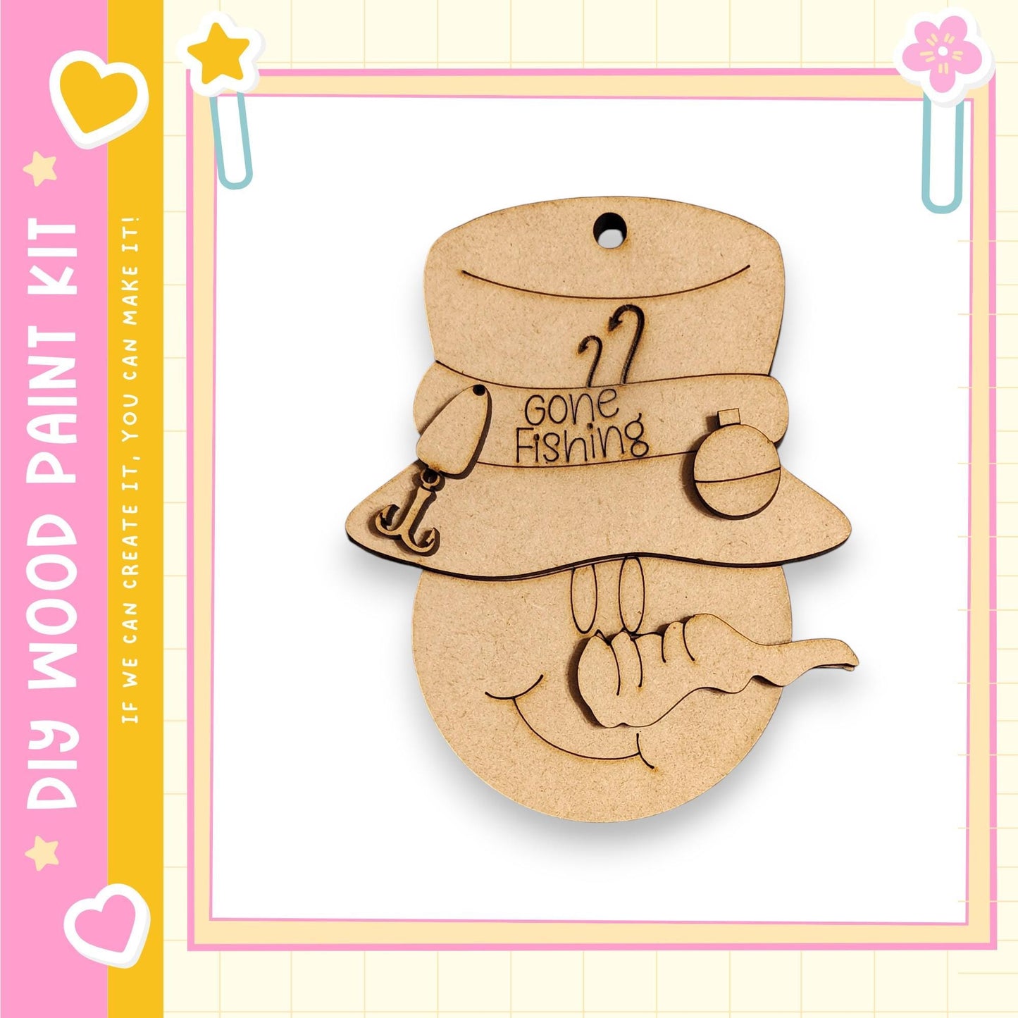 a wooden ornament with the text "GONE FISHING" carved into it.