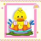 a yellow rubber ducky sitting in an inflatable pool