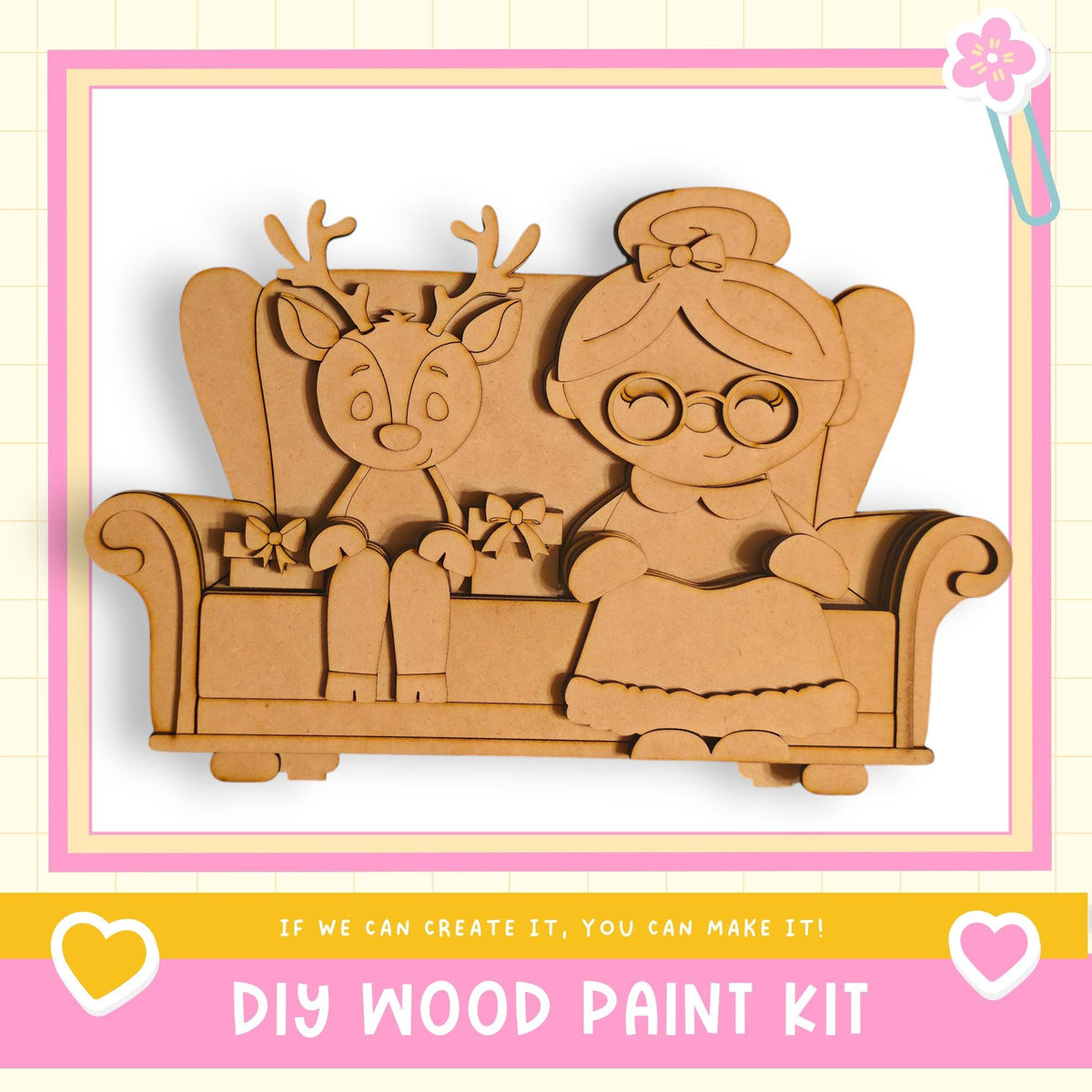 A DIY wood paint kit featuring a wooden reindeer and a wooden girl sitting on a wooden chair.