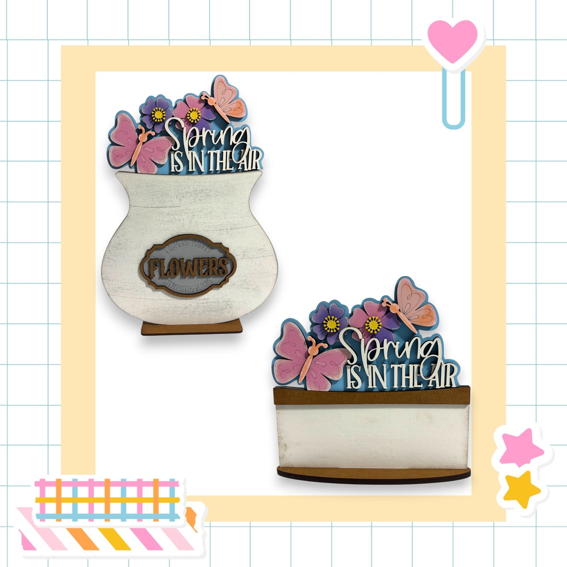 two wooden vases with flowers, each containing butterflies and the text "Spring is in the air".