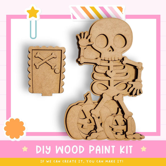 a DIY wood paint kit for creating a skeleton-themed Halloween decoration. The kit includes a wooden skeleton figure and a wooden door with a skeleton design. The kit is designed for people to create their own skeleton-themed Halloween decorations.