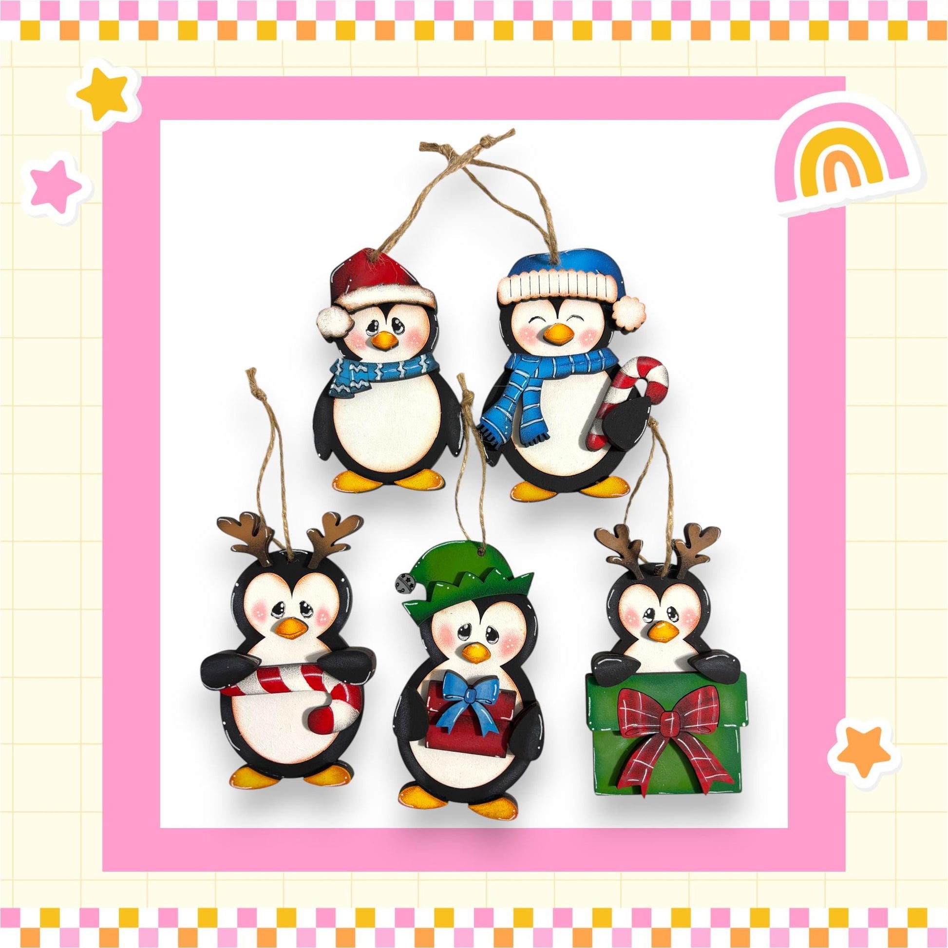 A group of five colorful penguin ornaments hanging from a string, each with unique accessories such as hats, scarves, and presents.