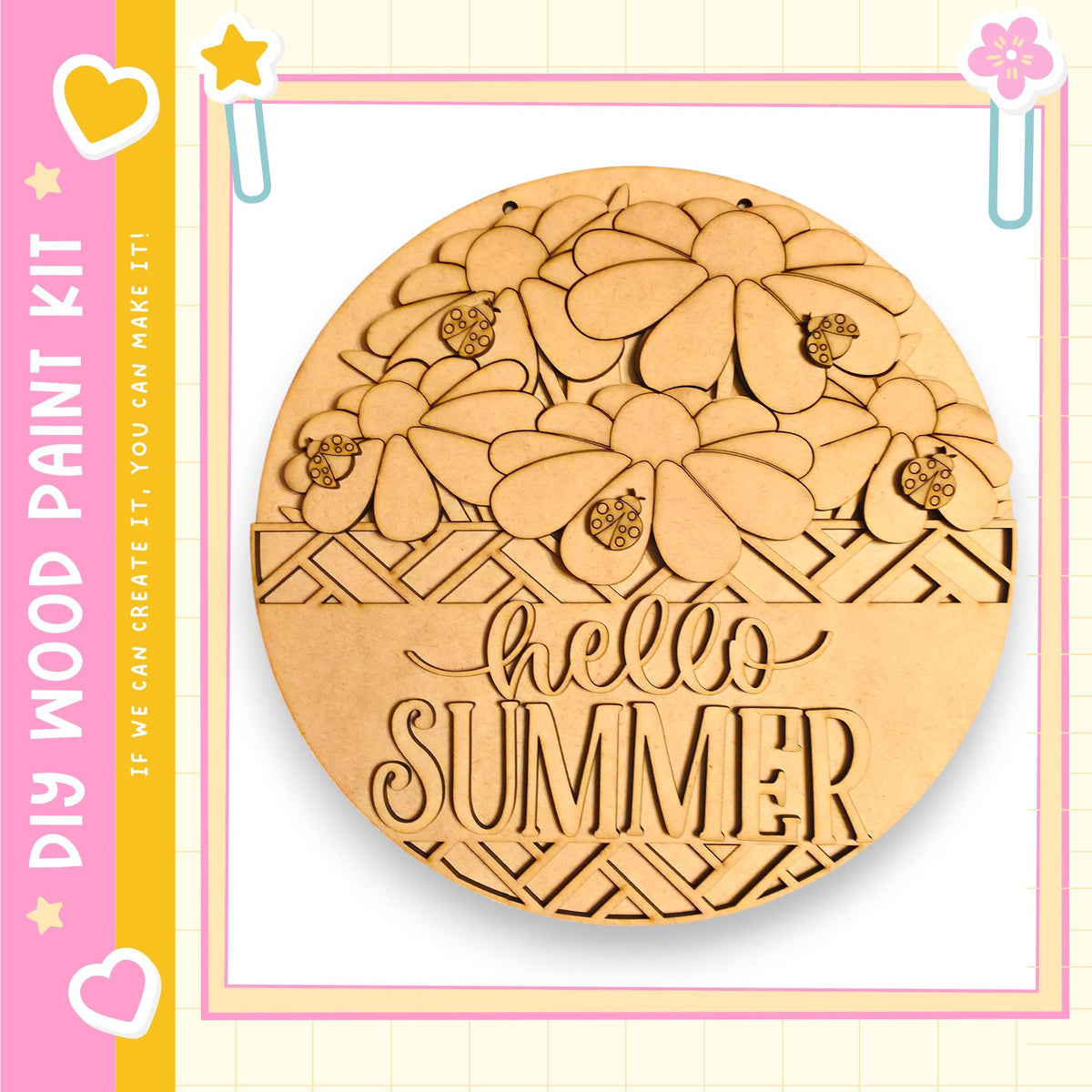 a wooden sign with the word "Hello Summer" carved into it, surrounded by a floral design.