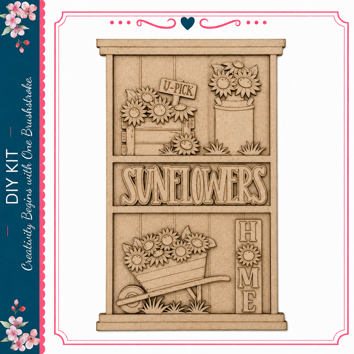 The image is a wooden shelf with various decorative elements, including a sign that says "U-Pick" and a sign that says "Sunflowers". The shelf also has a wheelbarrow and flowers, creating a charming and decorative scene.