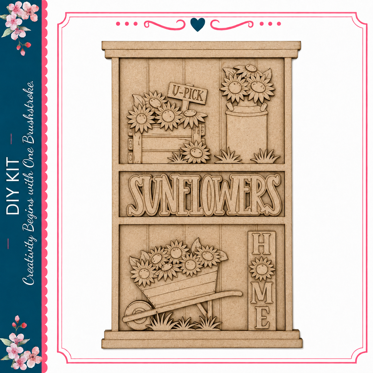 The image is a wooden shelf with various decorative elements, including a sign that says "U-Pick" and a sign that says "Sunflowers". The shelf also has a wheelbarrow and flowers, creating a charming and decorative scene.