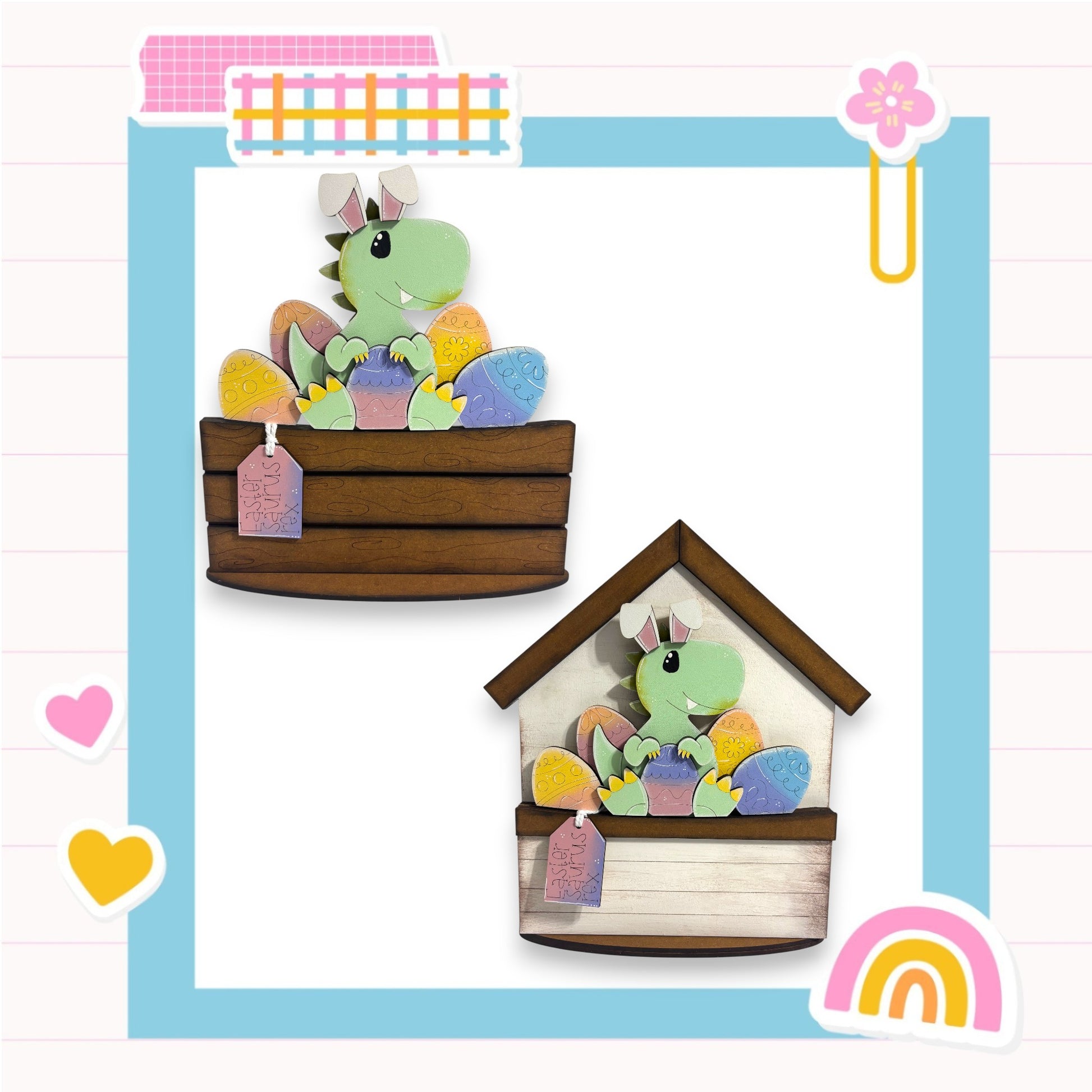 a green dragon sitting in a wooden basket, surrounded by various colorful Easter eggs and a rainbow-colored flower.