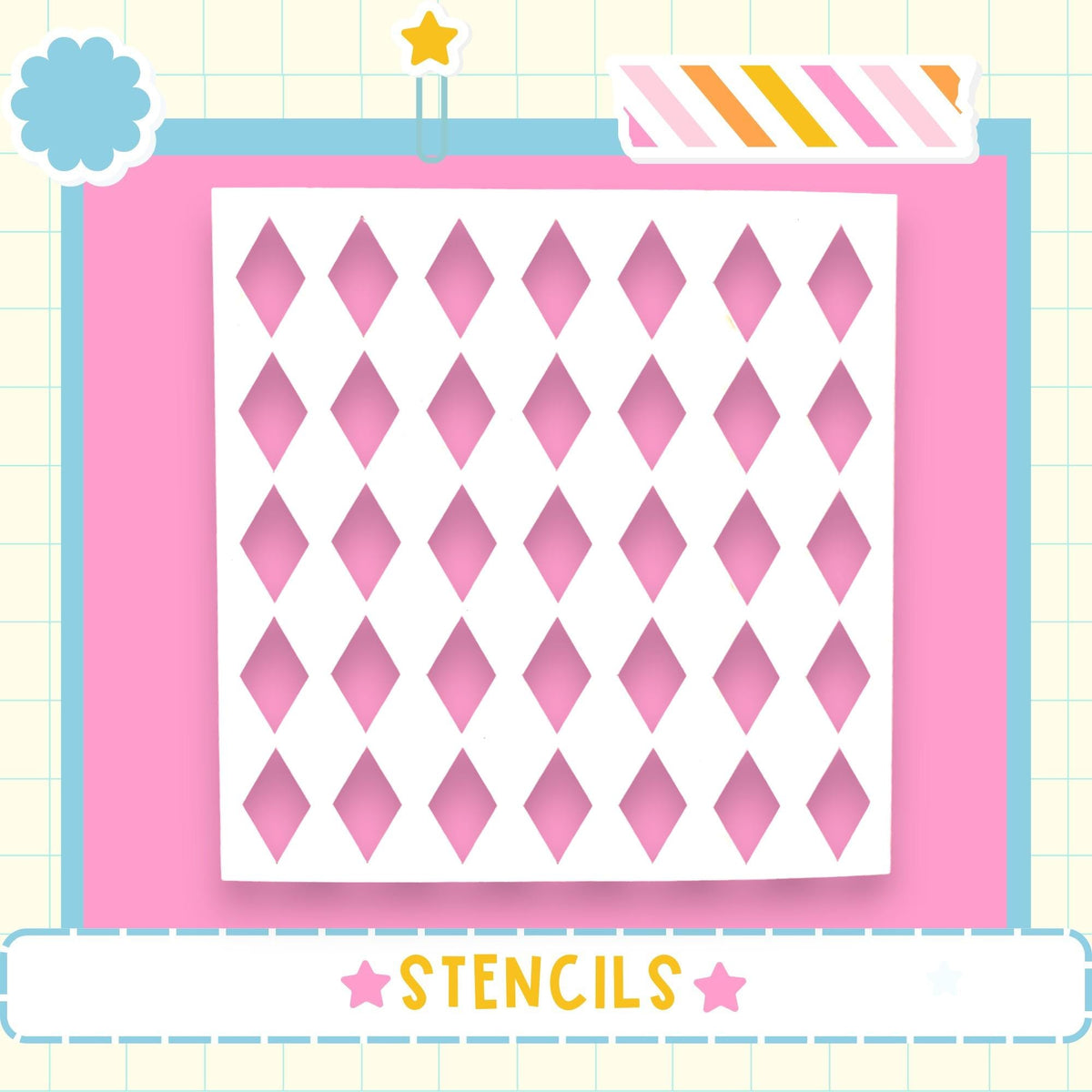 a white stencil with a diamond pattern on a pink background, surrounded by various decorative elements such as a star, a flower, and a striped border.