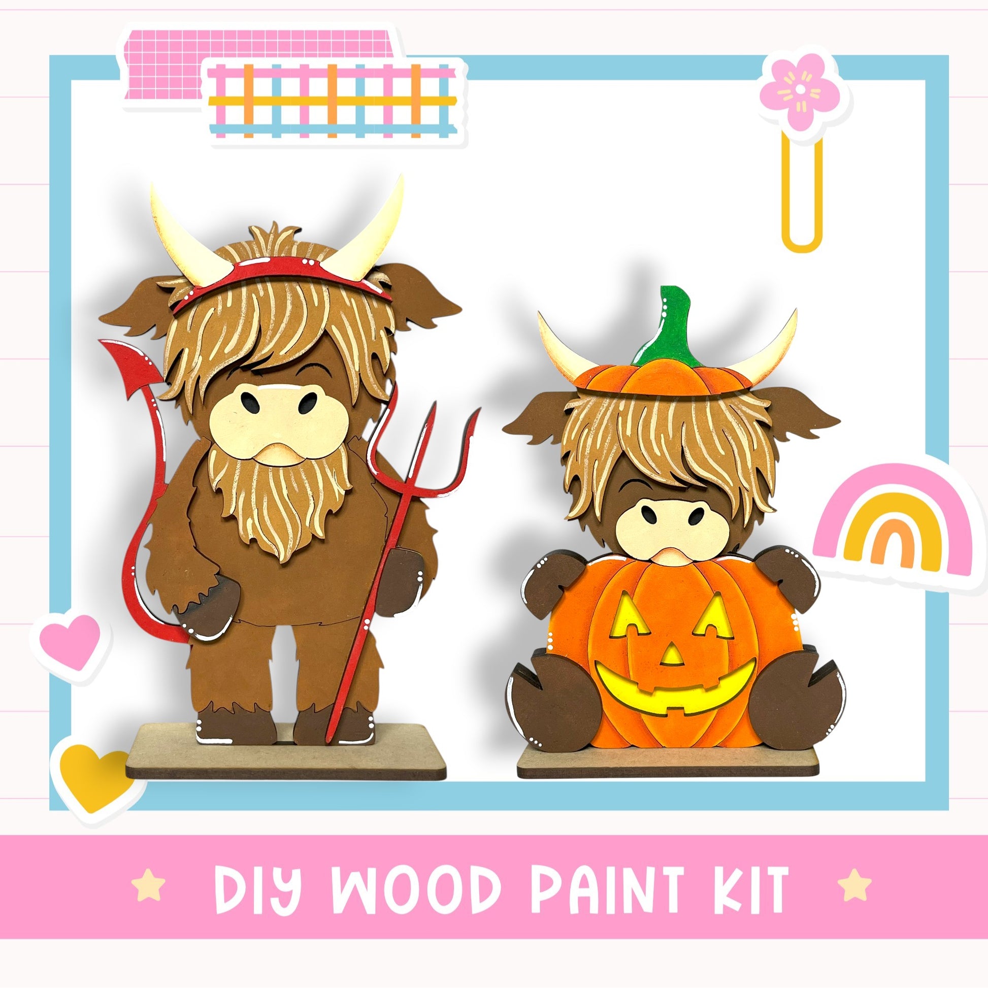 two wooden toy animals, a cow and a bull, dressed in Halloween costumes, including a devil hat and a pumpkin with a carved face. The image also includes a DIY wood paint kit and a rainbow-colored flower.