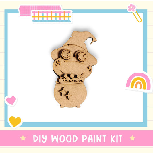 a DIY wood paint kit with a cute, cartoonish monster-like figure as the main focus.