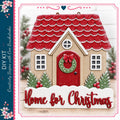 A wooden house with a red roof, decorated with Christmas ornaments and a wreath, set against a snowy background.