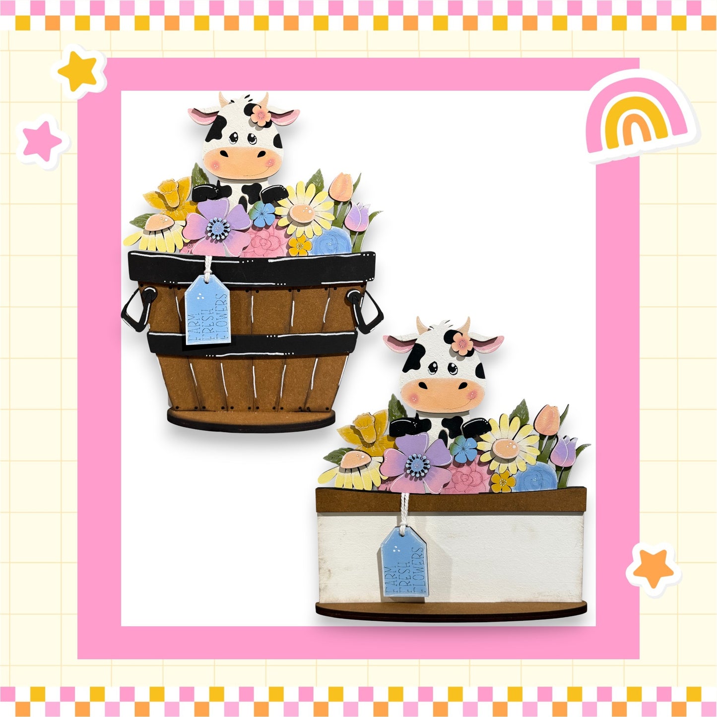 two wooden baskets filled with colorful flowers, each containing a cow figurine. The baskets are placed against a pink and yellow checkered background, creating a cheerful and whimsical scene.