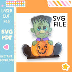 A Halloween-themed illustration of a green-skinned, green-eyed monster holding a carved pumpkin.