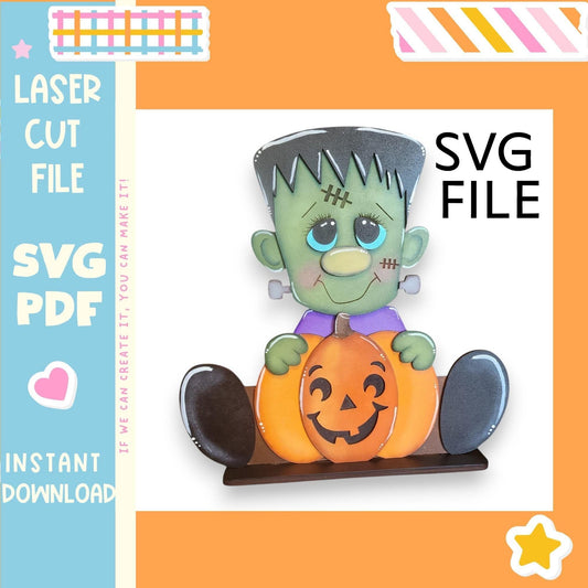 A Halloween-themed illustration of a green-skinned, green-eyed monster holding a carved pumpkin.