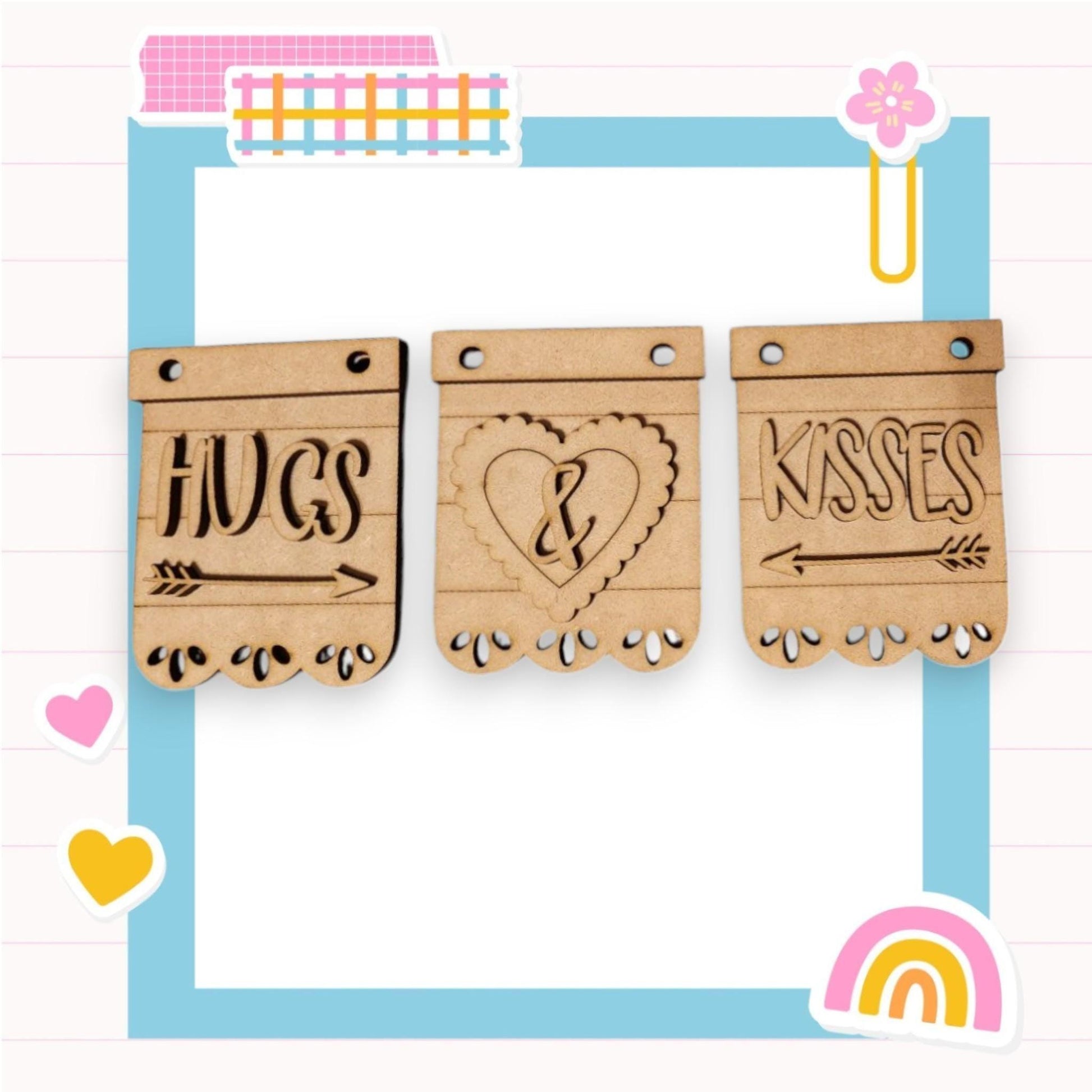 three wooden tags that say hugs and kisses