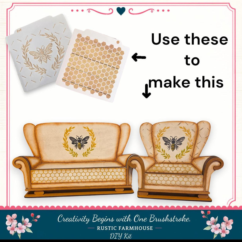 The image is a DIY kit for creating honeycomb-patterned furniture, specifically chairs and couches. It includes a stencil and a stencil with a honeycomb pattern, along with instructions on how to use these stencils to create the honeycomb design on the furniture.