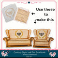 The image is a DIY kit for creating honeycomb-patterned furniture, specifically chairs and couches. It includes a stencil and a stencil with a honeycomb pattern, along with instructions on how to use these stencils to create the honeycomb design on the furniture.