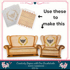 The image is a DIY kit for creating honeycomb-patterned furniture, specifically chairs and couches. It includes a stencil and a stencil with a honeycomb pattern, along with instructions on how to use these stencils to create the honeycomb design on the furniture.