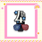 A 4th of July-themed decoration with sunglasses and stars, set against a pink and yellow checkered background.