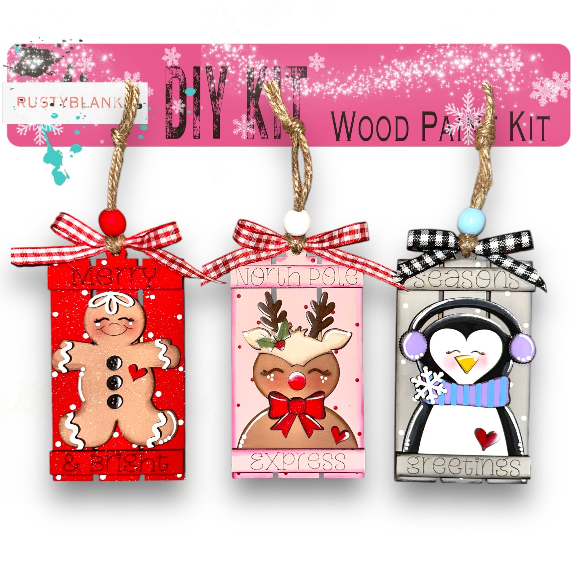 three christmas tags with a penguin, snowman, and penguin